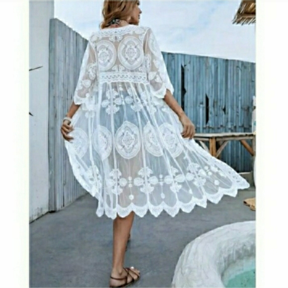 Kimono Top Swim Cover Up White Crochet Duster XL NEW 🤍 LAST 1 - Picture 4 of 8